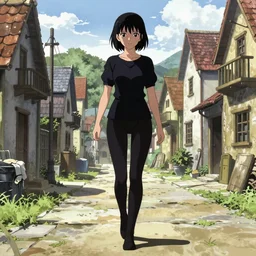 kyoani anime keyframe illustrated portrait of a young female walking through a medieval village, perfect anime face, dynamic pose, dynamic perspective, detailed silhouette, detailed, intricate, manga, face by ilya kuvshinov