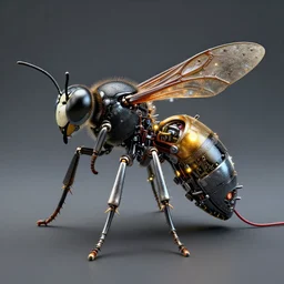 3D render of intricate wasp, cyborg wasp, shiny textured plastic shell, hinged titanium legs, wires, pinned joints, glowing LEDs, cables, antennae, circuitry, chips, capacitors, highly detailed digital painting by H.R. Giger and Johanna Martine and Jeffrey Smith, octane engine render 8k HDR