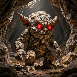 a goblin made out of rocks, with glowing red eyes, in a cave, like magic the gathering, by christopher rush, hd, digital art