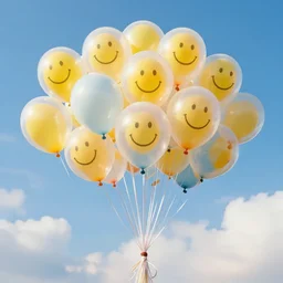 a lot of birthday balloons with smiley faces floating in the clouds