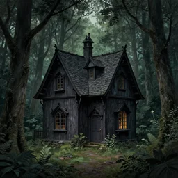 fairytale cottage in mysterious woods, dark and gothic, full frame, art by walter crane and kay nielsen and h j ford, black and white engraving, vector, vector art