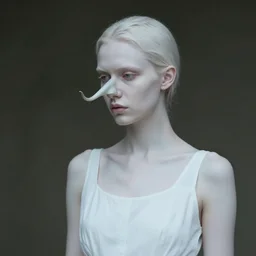 close photo portrait of a pale skin woman wearing a white dress and long hook nose