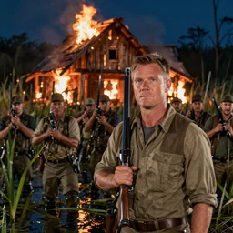 a movie still of a crowd of hunters in a swamp with a heavy burning woodhouse backround by night, a man is burning, cinestill 8 0 0 t 3 5 mm, heavy grain, high quality, noir, natural textures, photorealistic, natural textures, ambient occlusion, hd, rain