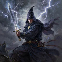 oil painting of a wizard holding a sword that’s getting shocked by lightning towards the sky
