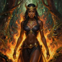 painting of alluring pyromancer black woman in the burning jungle, beautiful face, skintight robes and miniskirt, belts, circlet, golden accessories, high fantasy, dnd, sharp focus, award - winning, masterpiece, extremely detailed, intricate, art by rebecca guay, rossdraws