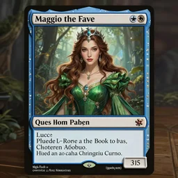 A beautiful Queen of the Fae with brown hair wearing a pleated green dress and a silver diadem, Magic the Gathering card art