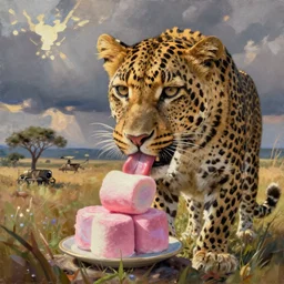 leopard licking marshmellow, oil painting, safari background