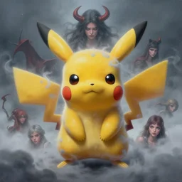 high intricate detailed painting of a diabolic fierce pikachu covered in cloudy fog with moody light, rudy siswanto, maria panfilova, elina karimova, by tea me, victor titov, on artstation