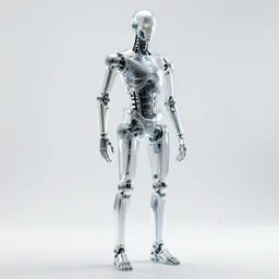 chromium cybernetic endoskeleton in a white room : : transparent shell made of glass : : full body shot