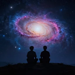 silhouette of two young men sitting besides each other on a hill and looking into colourful galaxies of the night sky, insanely detailed, 4k, epic composition, cosmic, octane render, art station, unreal engine
