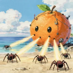 memorable animation key shot, illustration, paper texture, pencil lines, cell shaded spider tanks firing at a giant citrus golem covered in fishing wire, hooks and barnacles at the beach, by mandy jurgens, by satoshi kon, ilya repin, lena aenami, shinji kimura, daylight pastel color palette, vibrant