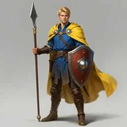 highly detailed concept art by Greg Rutkowski of a rugged young knight with blonde hair and blue eyes and a short beard  wearing a blue shirt and a yellow cape and leather boots holding a shield and a warpick, concept art, realistic, masterpiece, ArtStation