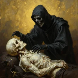 oil matte portrait painting, grim reaper as he collects a soul of a plague victim, wonderful masterpiece highly detailed, beautiful cinematic light deep focus, elegant, digital painting, smooth, sharp focus, golden ratio, dramatic illumination, ultra realistic, 8 k, art by salvator rosa
