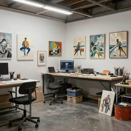 a color photograph of an artist\'s basement studio with many things, trending on artstation, hyperrealism