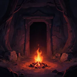 A room with a darkened doorway in the endless grimdarkest dungeon depths. trending on artstation, vibrant palette, highly detailed digital illustration. A campfire provides a moment of respite in the crushing despair of this place.