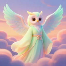 fluorescent soft pleasing - palette flowing robes, owl - winged goddess queen of the wind, character portrait, close - up, pleasing palette, undulating nebulous sunset clouds, adorable, friendly, dyllic cumulonimbus environment matte painting from fantasia pastel from fantasia ( 1 9 4 1 )