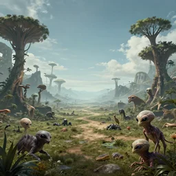 an alien world with fauna, photograph, wide angle, 4k, realistic, realism, ultrarealistic