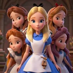 a insanely intricate beautifull 3 d render of alice in wonderland, beauty faces, cute detailed characters, unreal engine, 8 k resolution, cell shaded rendering, soft dramatic lighting, cinematic, insane details, subsurface scattering, anti aliashing, pixar,