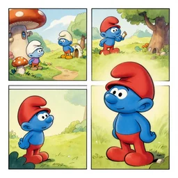 comic strip from the smurfs, fairytale landscape with mushroom houses from the smurfs in the style of wimmelbilder, john bauer's troll as gargamel walks through it
