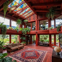 interior of a psychedelic modern ecopunk frank lloyd wright shotgun house mansion made entirely of redwood in the mountain valley of colorado, lots of plants and stained glass ceilings and persian rugs