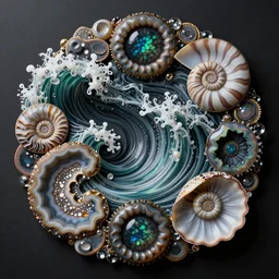 art nouveau cresting oil slick waves, druzy geode, ammolite, black opals, rococo, organic rippling spirals, realistic hyperdetailed ultrasharp octane render, abalone, ammonite, paua shell, banded geode