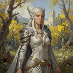 intricate oil painting portrait by Anna Dittmann depicting a stunning female fantasy cleric in a bright temple surrounded by yellow spring forest and dead trees, evening, atmospheric lighting, intricate detail, cgsociety, hyperrealistic, octane render, RPG portrait, ambient light, dynamic lighting