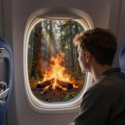 plane traveler looking window airplane, forest fire outside, digital painting, 4k, forest ray light, particles light, by sasha kalinkin, Noah Bradley, ilya kuvshinov