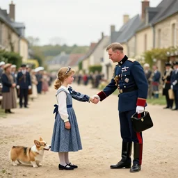 ultra wide 1 9 4 6 blurry historical far away photo a single german general shaking hands with a young queen elizabeth in a french village, her corgis are nearby highly detailed, sharp focus