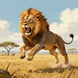 digital illustration of rampaging ferocious lion pouncing mid - jump in a sunny savannah, trending on artstation, digital art ( by brad rigney ) ( by greg rutkowski ) ( by artur treffner )