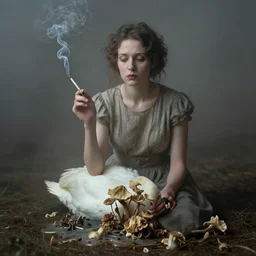 photographic portrait of sad max ernst woman swan dried melting floral fungus with spiraling cigarette smoke, wearing a dress, in fog
