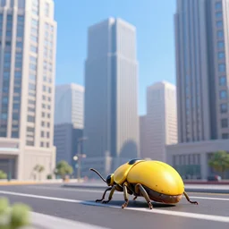 a yellow bug is on the street in front of a bunch of tall buildings