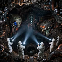 People in hazmat suits holding flashlights discovering large alien structures in the dark depths of a pit