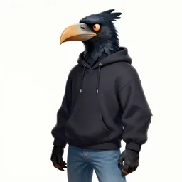 humanoid furry anthro avian fursona, bird, bird, avian, avian, corvid, beak, kenku, anthro, furry digital art. Hoodie and jeans