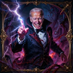 Joe Biden with a wide grin shooting lightning bolts from his fingertips, evil, chaos, ornate, horror, detailed, bloodborne, colorful