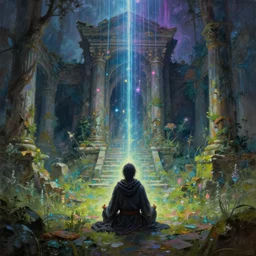 a wanderer wearing robes sits in meditation at an ancient shrine. overgrown decrepit ruins in a forgotten land. magical leylines emit streaks of various colors of mana streams. a final fantasy concept splash oil painting of a rogue mage absorbing powers from the dungeon depths in an enchanted garden. by rebecca guay, by greg rutkowski