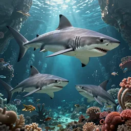 giant realistic sharks, combat scene, underwater coral cavern, d & d, fantasy, digital painting, artstation, sharp focus, 8 k, masterpiece, artgerm, greg rutkowski