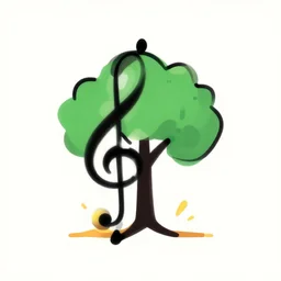 minimal single line drawing of an acorn growing into a tree in shape of treble clef, splash of color, vector art