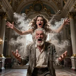 o hyper realistic photo in a baroque hall, a weathered old man with a beautiful woman's screaming face, feedback loop, burst of powders, spraying liquid, volumetric lighting, twisting vapour, bellowing dust, emerging hands, full colour, upscale, 4 k