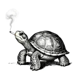 storybook illustration of a turtle smoking a cigarette, storybook illustration, monochromatic, white background