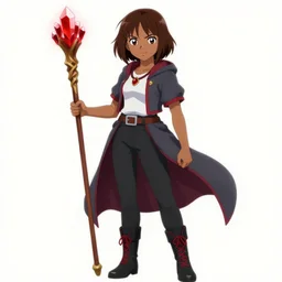 young-looking dark-skinned female mage with brown bob-cut hair, wearing white shirt and necklace with grey short-sleeved jacket with red trim, belt, black pants and boots with red lacing, and carrying a wooden staff with floating red crystals. illustrated by Kouta Hirano