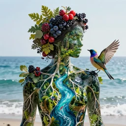 human with the sea and the forest inside, veins diverge through the body like rivers filmed on a satellite, a person is decorated with wild berries, a beautiful bird is looking at him next