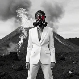 a woman with white suit, she wear red eye d gasmask, in volcano, standing close to volcano, fire raining, professional photography, black and white, cinematic, eerie