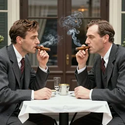 jean rochefort and mathieu amalric, symmetric, realistic, realism, early 2 0 th century gentlemen, sitting at coffee table, smoking a cigar.