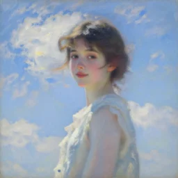 a portrait of a beautiful young girl with blurry face, wearing 1 9 2 0 s fashion, brown hair, slim, fair, turning her head and smiling, severe out of focus, depth of field, azure sky, fluffy white clouds, pleinairism, in the sun, backlit, closeup, oil on canvas, by monet, in the style of le promenade, impressionnisme