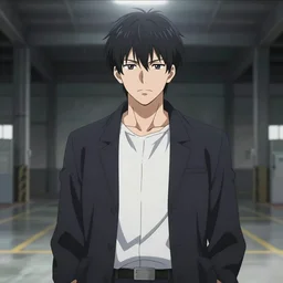 Digital state-sponsored anime art of mattess-man by A-1 studios, serious expression, empty warehouse background, highly detailed, spotlight