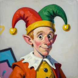 greg manchess portrait of dobby the house elf wearing a jester hat, organic painting, sunny day, matte painting, bold shapes, hard edges, street art, trending on artstation, by huang guangjian, gil elvgren, ruan jia, randy vargas, greg rutkowski