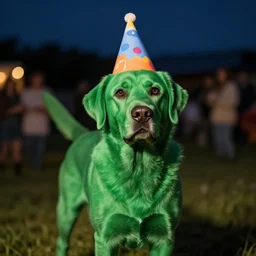 night time dslr photo of a green fur, green dog, green labrador wearing a party hat in a country side party at night, bokeh depth of field, nikon lens
