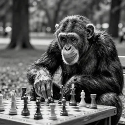 black and white portrait photo of a chimpanzee playing chess in a park by annie liebovitz,
