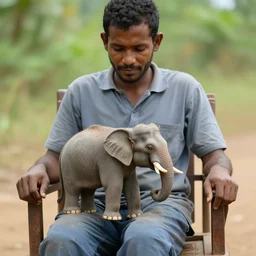 a man on a chair with his miniature elephant on his lap