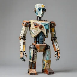 sculpture of 🤖, made of recycled materials, detailed, cubism, full color hd, max ernst